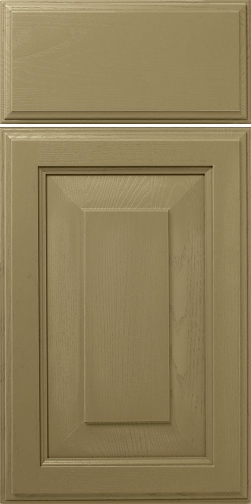 Kitchen cabinet door in a muted olive green color, featuring a recessed center panel.