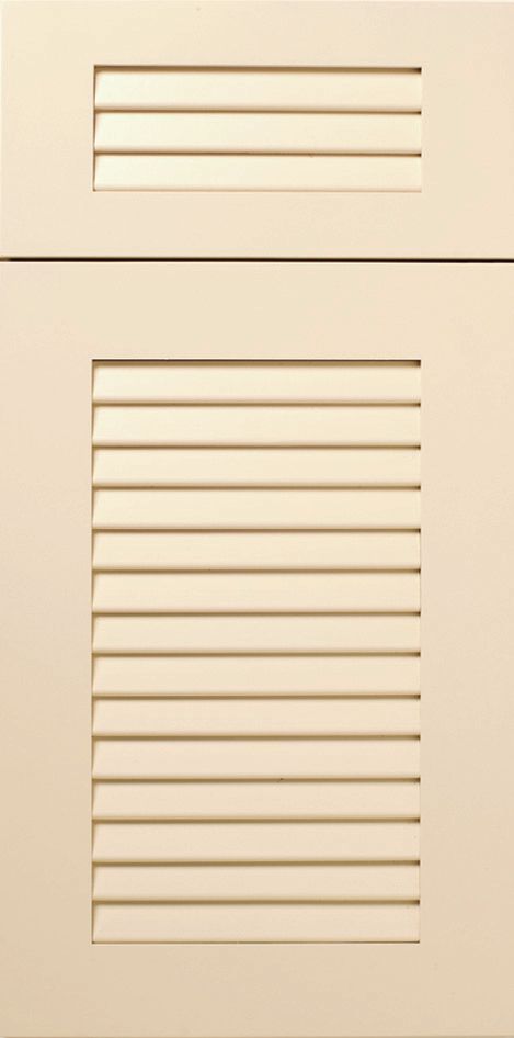 Cream-colored cabinet doors with horizontal slats on a kitchen cabinet.