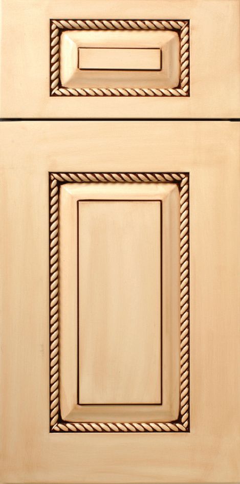 Wooden cabinet door with rope design trim, light beige color.