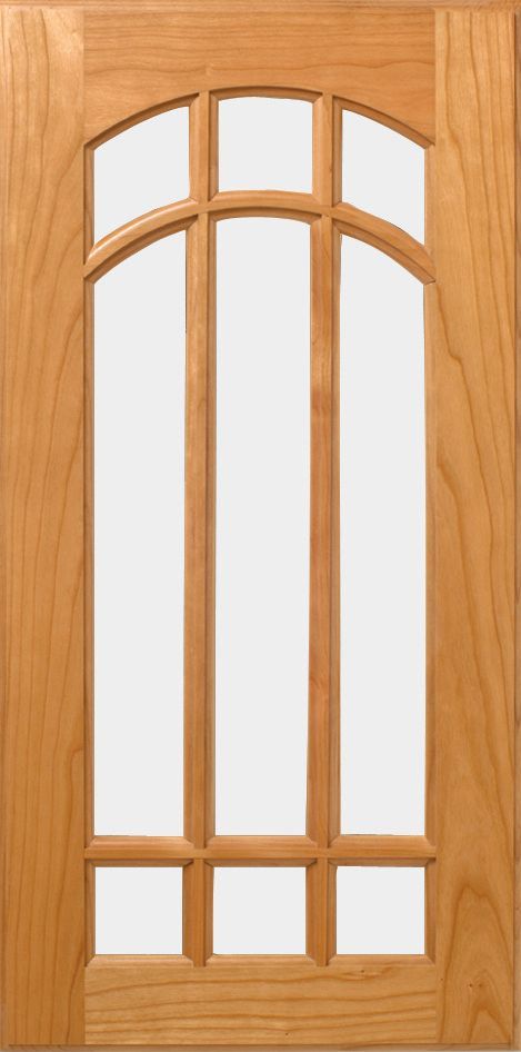 Wooden door with arched glass pane and vertical and horizontal wooden dividers.