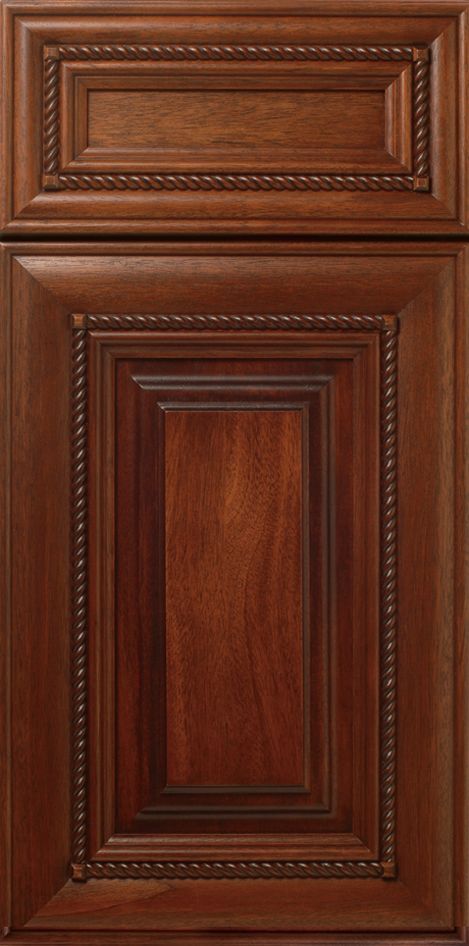 Brown, wooden kitchen cabinet door with rope-like molding and recessed panels.