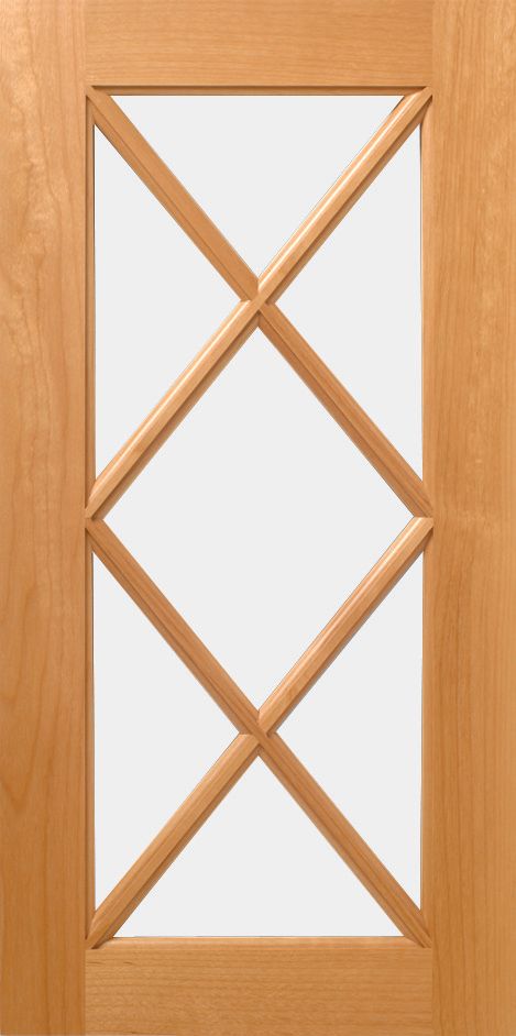 Wooden door with a rectangular window pane and diamond lattice.