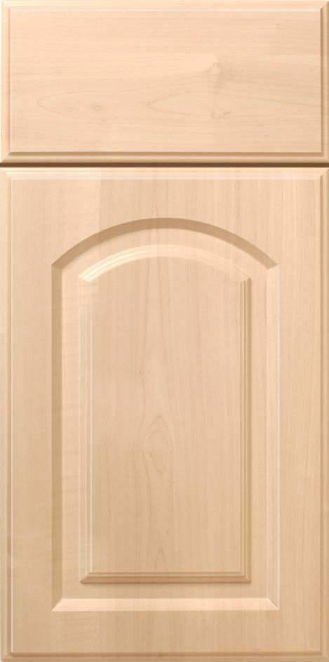 Light wood kitchen cabinet door with an arched panel.