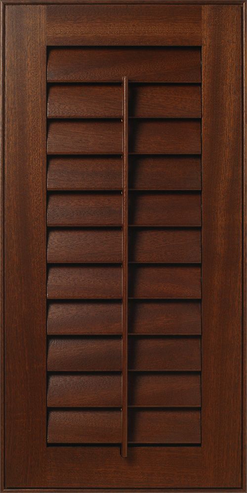 Dark stained wooden shutter with horizontal slats and a central vertical control bar.