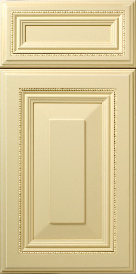 Cream-colored kitchen cabinet door with recessed panel and beaded trim detail.
