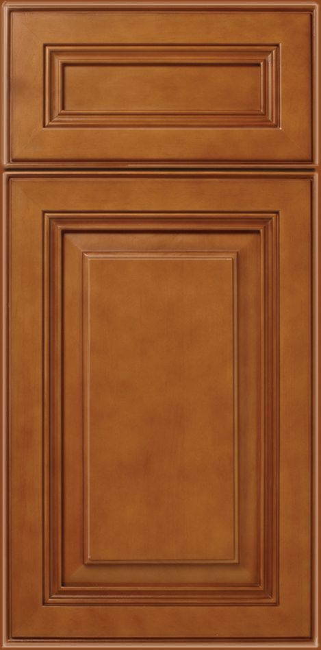 Brown kitchen cabinet door with recessed panels and raised borders.