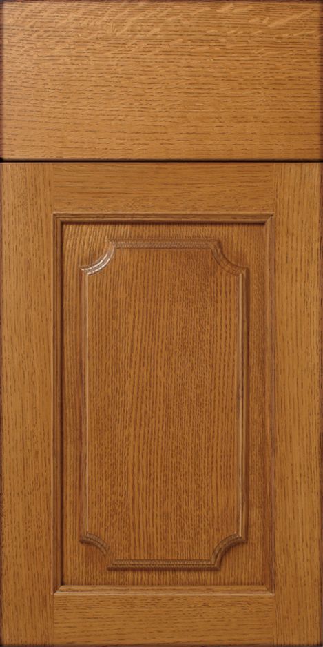 Wooden cabinet door with a raised panel and decorative edging.