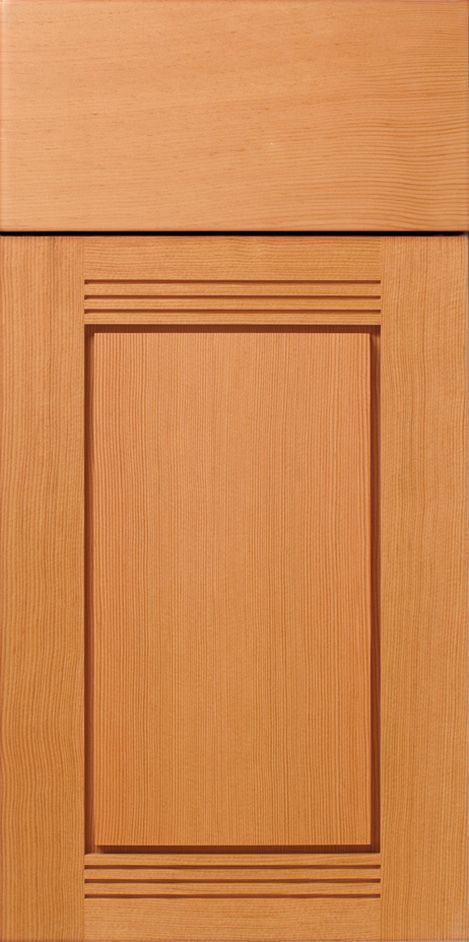 Wooden kitchen cabinet door with recessed center panel and horizontal grooves.