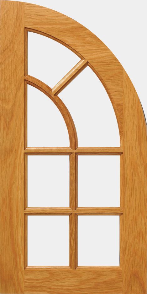 Wooden door with arched window, divided by geometric panes.