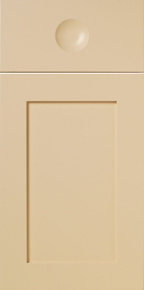 A two-panel kitchen cabinet door with a raised panel, light beige color, and a round knob.