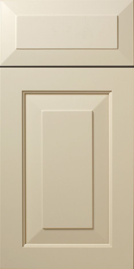 Cream-colored kitchen cabinet door with a recessed central panel and rectangular top panel.