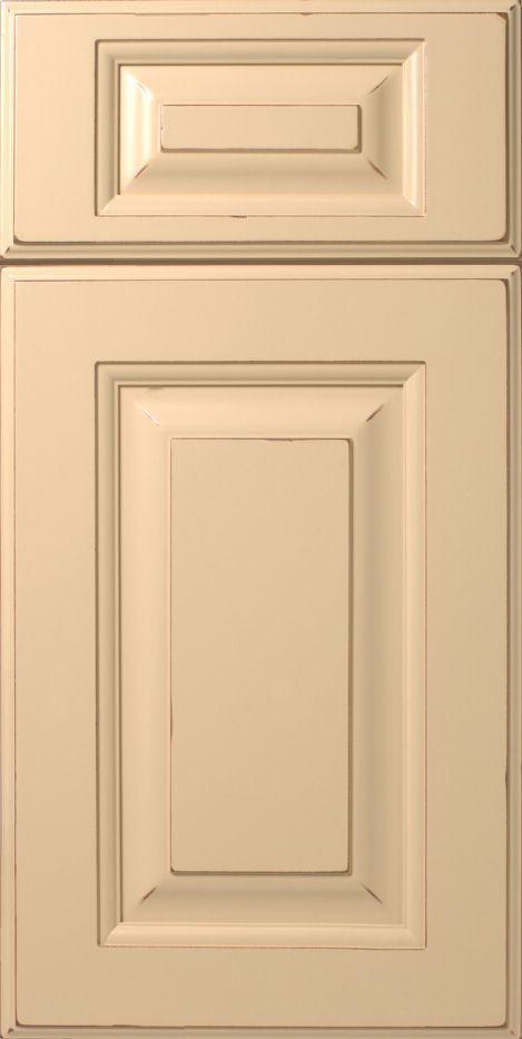 Cream-colored kitchen cabinet door with raised panel and distressed details.