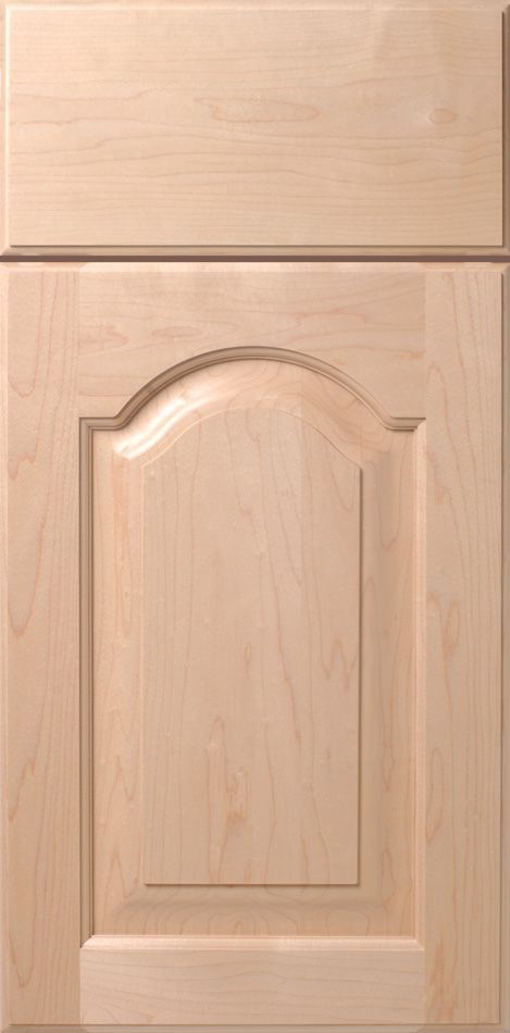 Light wood cabinet door with arched panel and raised molding.