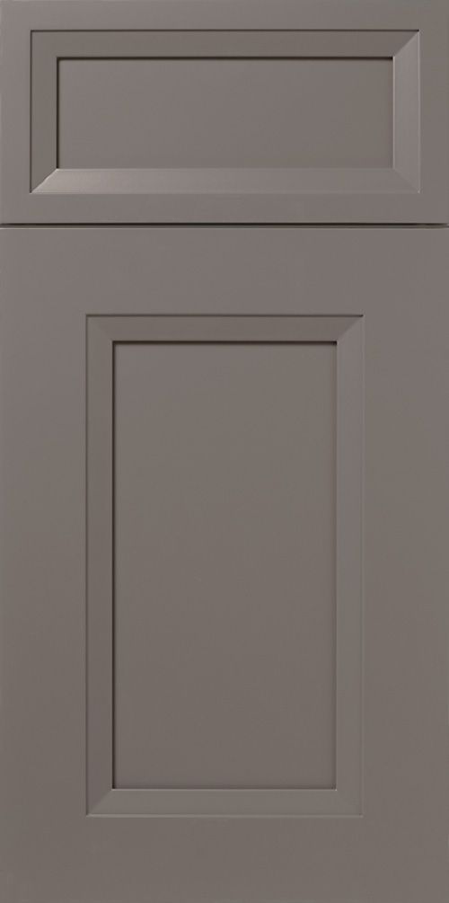 Gray, raised-panel cabinet door with a rectangular top panel and a larger, rectangular bottom panel.