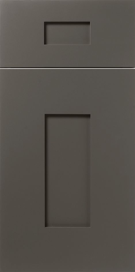 Gray cabinet door with recessed rectangular handle and cutout.