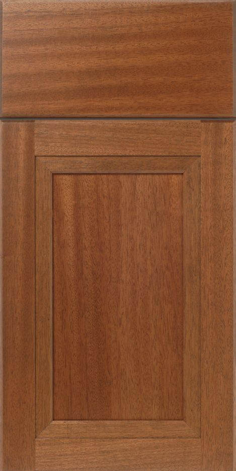 Wooden cabinet door with a recessed panel in a warm, reddish-brown color.