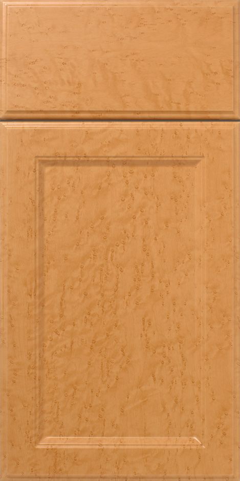 Tan kitchen cabinet door with raised panel and a top horizontal panel.