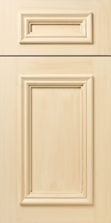 Close-up of two cream-colored kitchen cabinet doors with recessed panel detailing and rectangular frames.