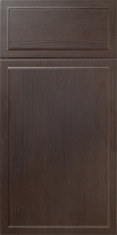 Dark brown kitchen cabinet door with recessed panel.
