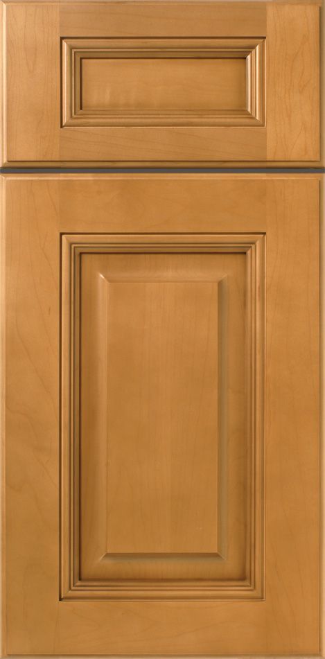 Wooden cabinet door with raised panel design in a golden brown finish.
