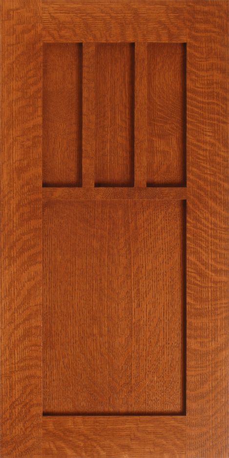 Wooden door with a Craftsman design, featuring three vertical panels above a rectangular panel.