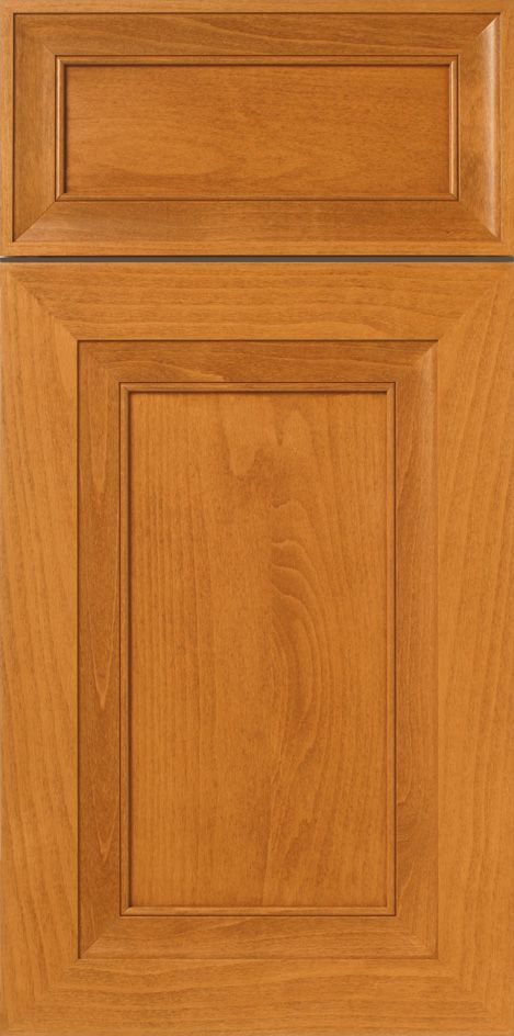 Wooden cabinet door with raised panel and rectangular top. Honey-toned stain.