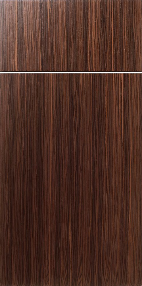 A wood cabinet door with vertical grain in a dark brown color, divided by a white line.