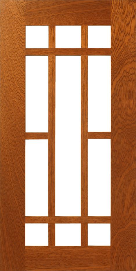 Wooden door with a multi-pane window.