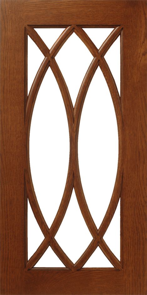 Wooden cabinet door with an arched decorative window design.