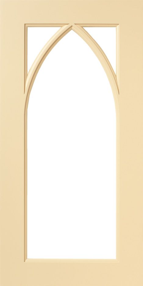 Beige door with arched glass panel.