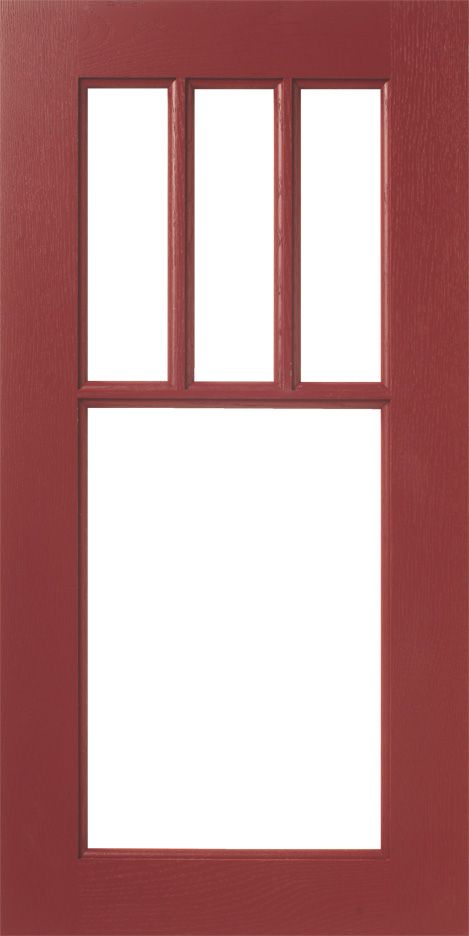Red door with three rectangular windows above a larger rectangular window.