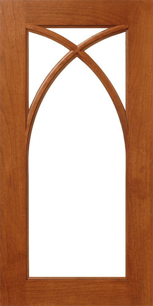 Wooden door with an arched glass panel with crossing wood accents.