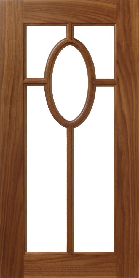 Wooden door with an oval and rectangular window design.