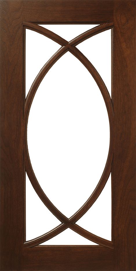 Wooden door with an oval lattice window.