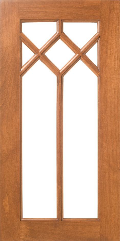 Wooden door with a clear glass window with a decorative X-shaped pattern.