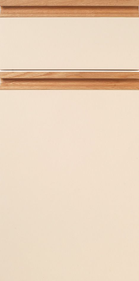 Cream-colored cabinet door with wood trim along the top and midway.