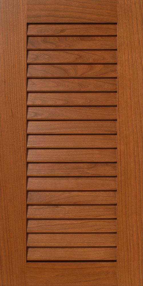 Wooden door with a rectangular section of horizontal slats.