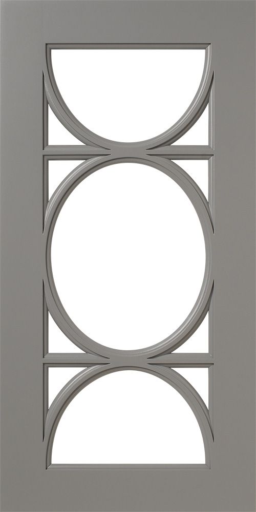 Gray door with circular and curved glass panels.