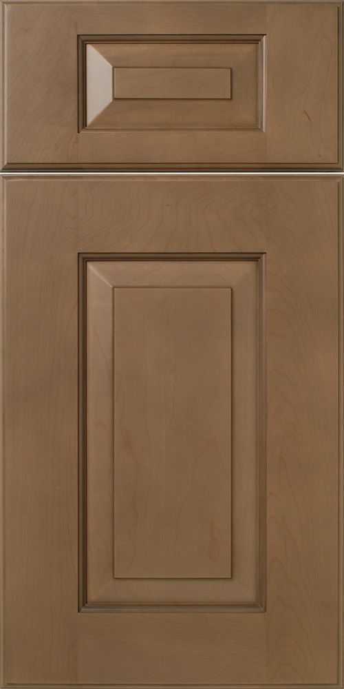 Brown kitchen cabinet door with raised panel and rectangular inset.