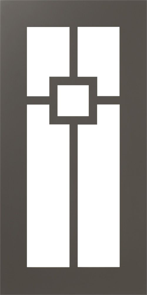 Rectangular door with a decorative cutout pattern of squares and rectangles.