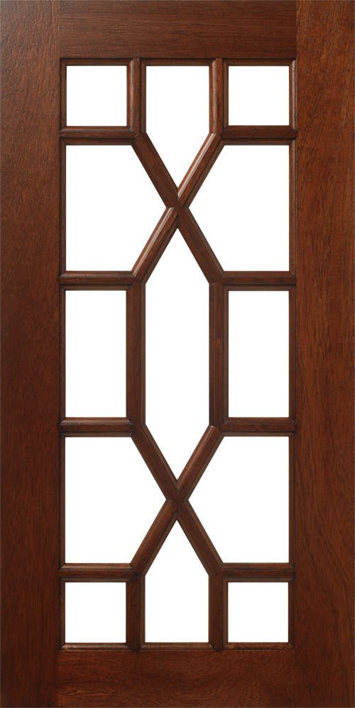 Wooden door with geometric window design; white interior, brown frame.