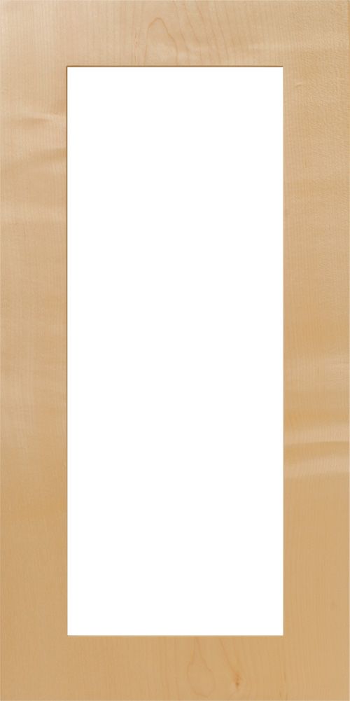 A rectangular wooden door with a long, white, glass window in the center.