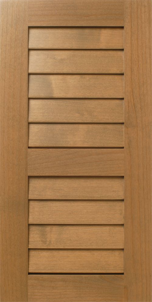 Wooden cabinet door with a rectangular louvered panel.