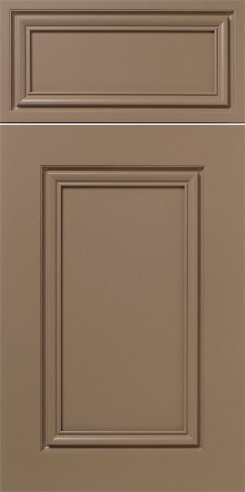 Two-panel cabinet door, muted brown. Top panel rectangular. Bottom panel rectangular.