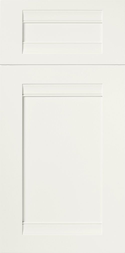 White kitchen cabinet door with recessed panel and decorative trim.