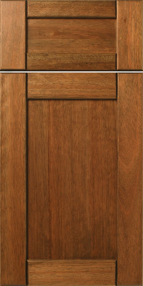 Wooden cabinet door with raised panel and horizontal trim, brown stain.