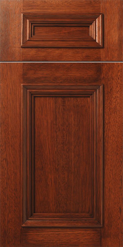 Wooden cabinet door with raised panel and recessed top panel, dark brown finish.