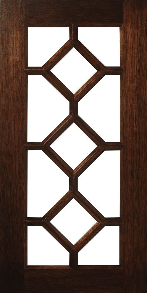 Wooden door with a decorative diamond-shaped lattice pattern. Dark brown wood and white background.
