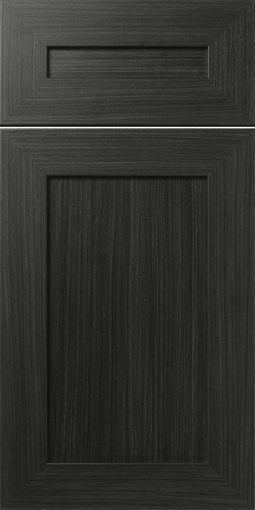 Dark gray kitchen cabinet door with vertical grain.