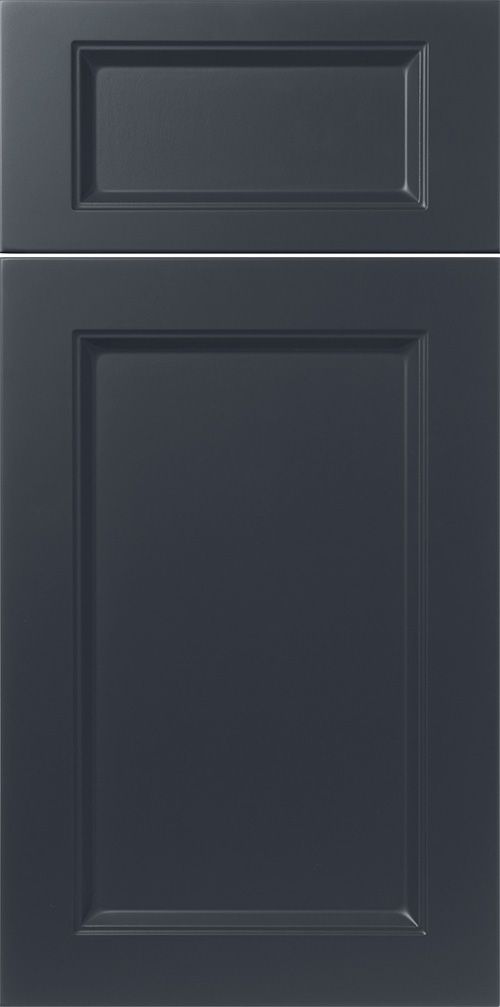 Dark blue shaker-style cabinet door with recessed panel and raised frame.